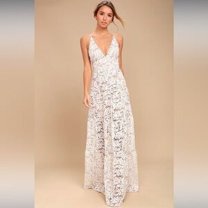 Dress The Population White Gold Melina Lace Maxi Dress Tiered Gown Size XS